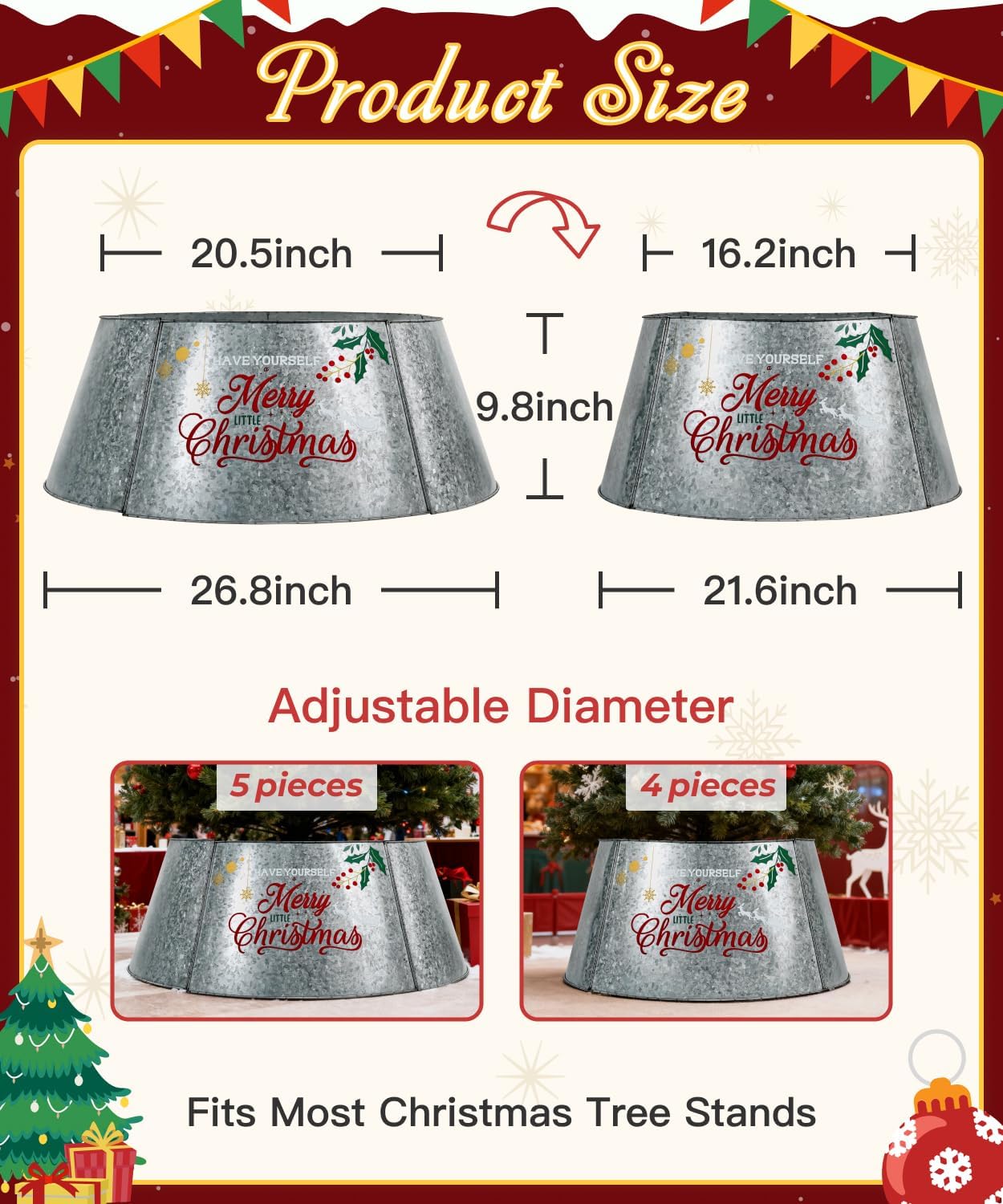 Putuo Decor Galvanized Christmas Tree Collar for 6-7.5 Ft Trees Metal Adjustable Stand Cover with Printed Merry Christmas Farmhouse Decor for Artificial Trees, 27 in Silver